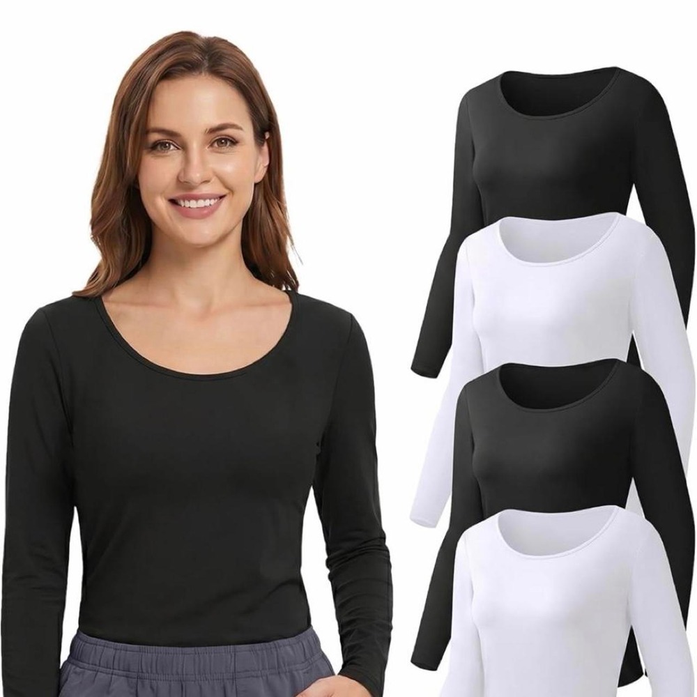 4 Pack Womens Long Sleeve Underscrub Base Layer Tops Scoop Neck Black White NEW